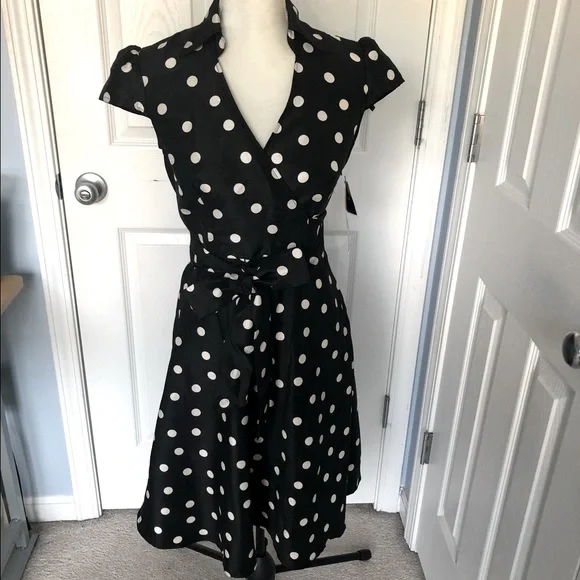 Madison Leigh Dresses | Black and White Wrap Dress with Polka Dots A Line Cap Sleeves and Sophisticated | Color: Black/White | Size: 4 |
